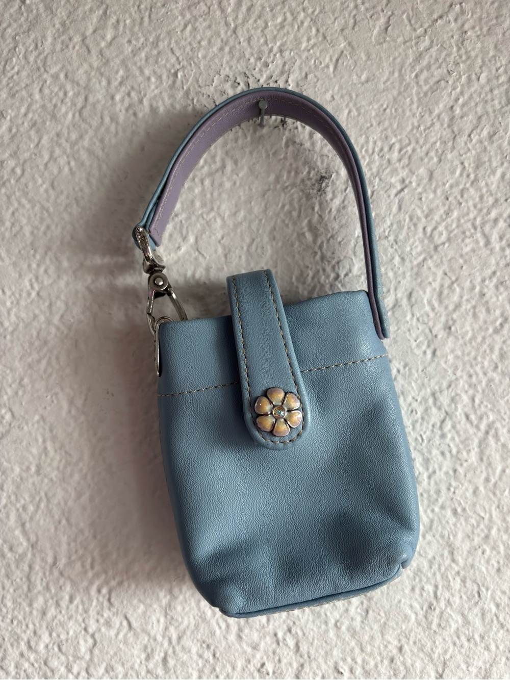 Brighton Blue Leather Wristlet Pouch with Floral Snap Small Y2K